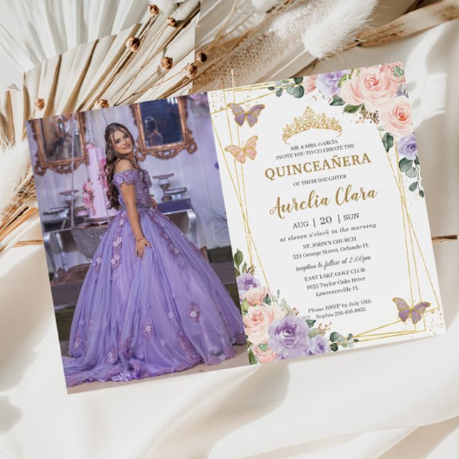 Invitación Quinceañera Purple Lilac Rubor Floral Butterflies (Subido por el creador)