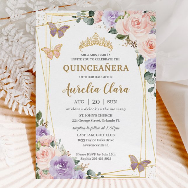 Invitación Quinceañera Purple Lilac Rubor Floral Butterflies (Subido por el creador)