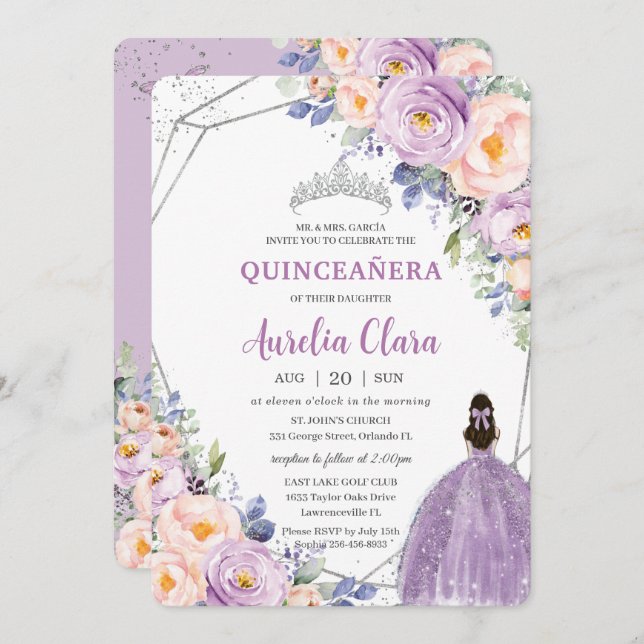 Invitación Quinceañera Purple Lilac Rubor Floral Silver Vesti (Anverso / Reverso)