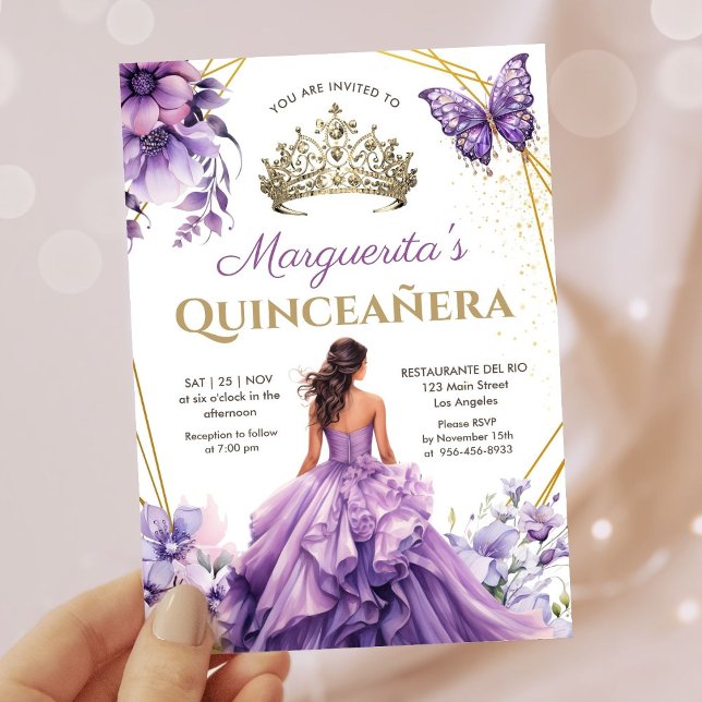 Invitación Quinceañera Purple Lilac Tiara Mariposa Floral (Subido por el creador)