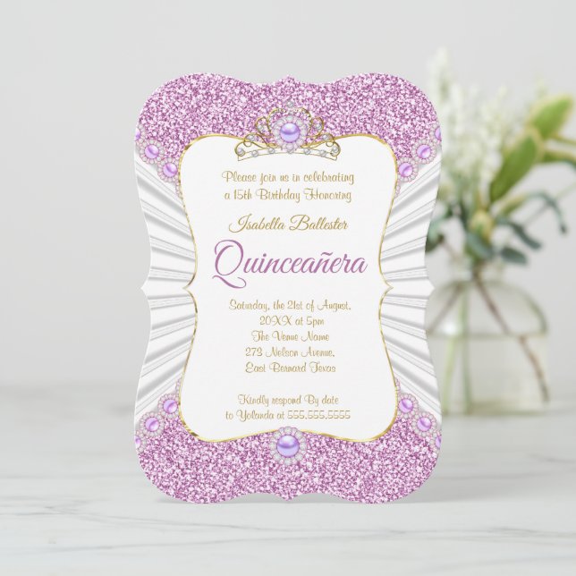 Invitación Quinceanera Purple Pearl Gold fiesta de cumpleaños (Anverso de pie)