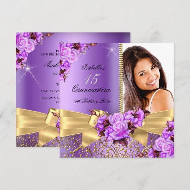 Invitación Quinceanera Purple Photo Gold Rosa 15 cumpleaños (Anverso / Reverso)