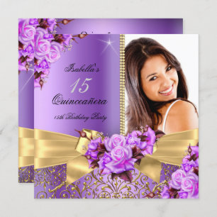 Invitación Quinceanera Purple Photo Gold Rosa 15 cumpleaños