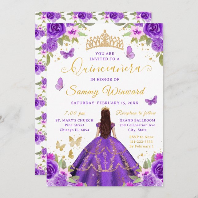 Invitación Quinceañera Purple Princess Brunette Girl (Anverso / Reverso)