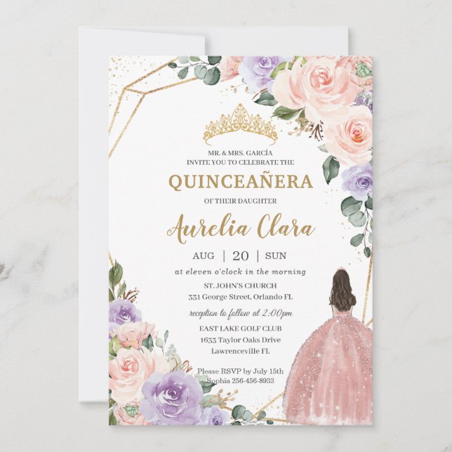 Invitación Quinceañera Purple Rubor Rosa Floral Vestido de or (Anverso)