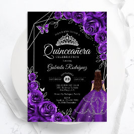 Invitación Quinceanera Purple Silver Butterfly Dress Floral