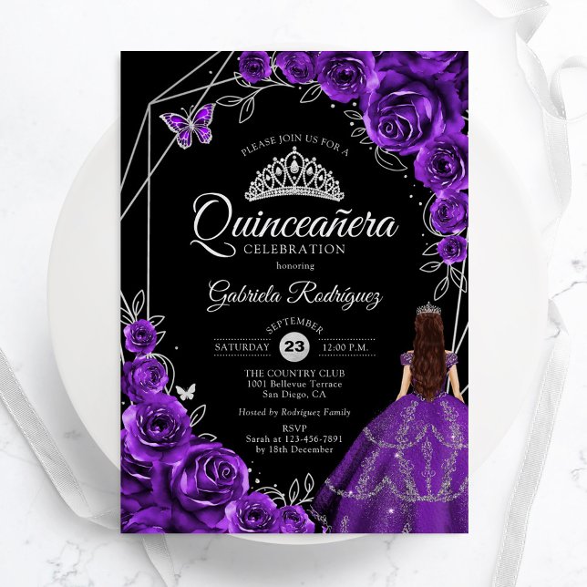 Invitación Quinceanera Purple Silver Butterfly Dress Floral (Subido por el creador)