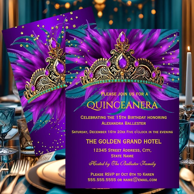 Invitación Quinceanera Purple Teal Blue Tiara Birthday Party (Subido por el creador)