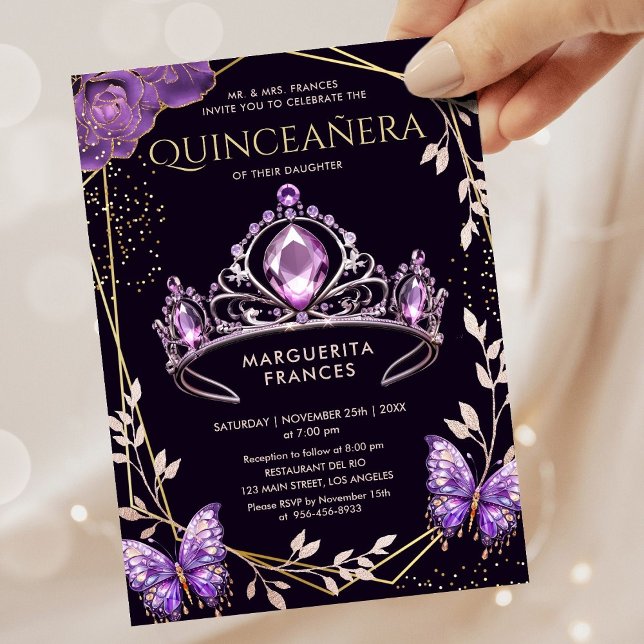 Invitación Quinceañera Purple Tiara Mariposa Floral Elegante (Subido por el creador)
