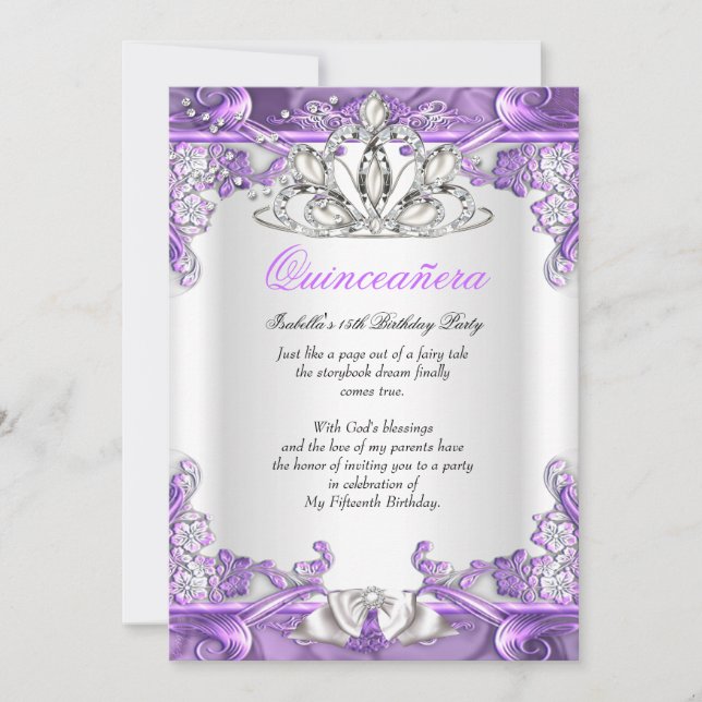 Invitación Quinceanera Purple White 15 cumpleaños (Anverso)