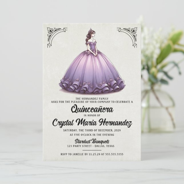 Invitación Quinceañera púrpura (Anverso de pie)