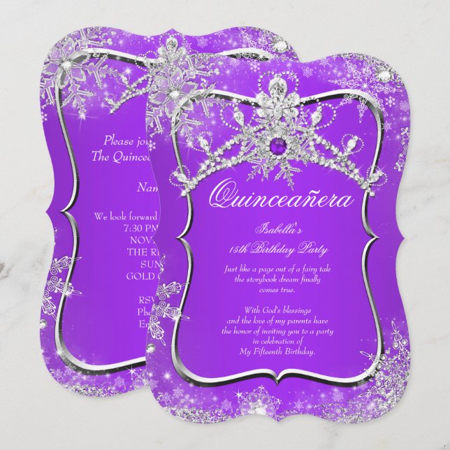 Invitación Quinceanera púrpura 15.ª Wonderland (Anverso / Reverso)