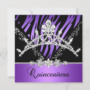 Invitación Quinceanera púrpura 15.º Diamante de cebra tiara