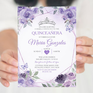 Invitación Quinceañera púrpura 15 Anos Corona Mariposa Mexica