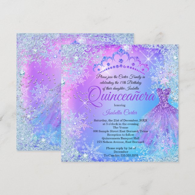 Invitación Quinceanera Púrpura Azul Rosa Winder WonderLand (Anverso / Reverso)