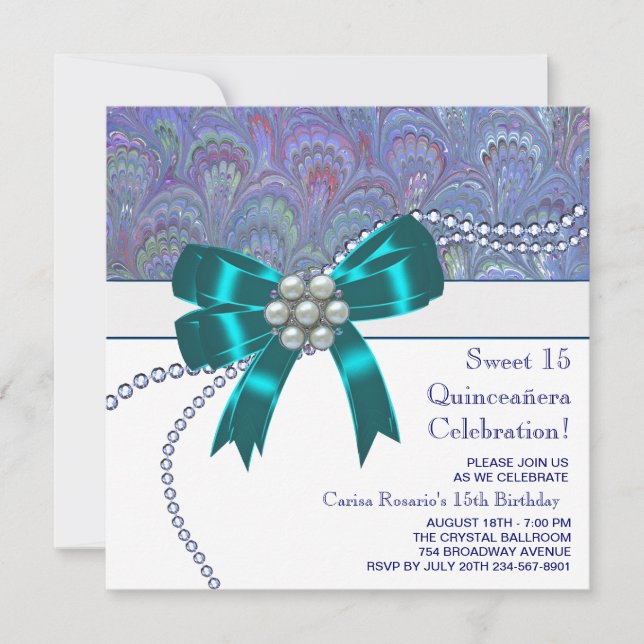 Invitación Quinceanera púrpura azul verde azulada (Anverso)