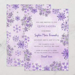 Invitación Quinceañera purpura copo de nieve plateado brillo 