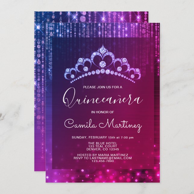 Invitación Quinceanera púrpura de cumpleaños 15 con Tiara (Anverso / Reverso)