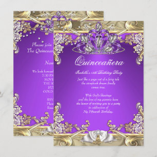 Invitación Quinceañera Purpura Dorado Blanco Fiesta de Cumple