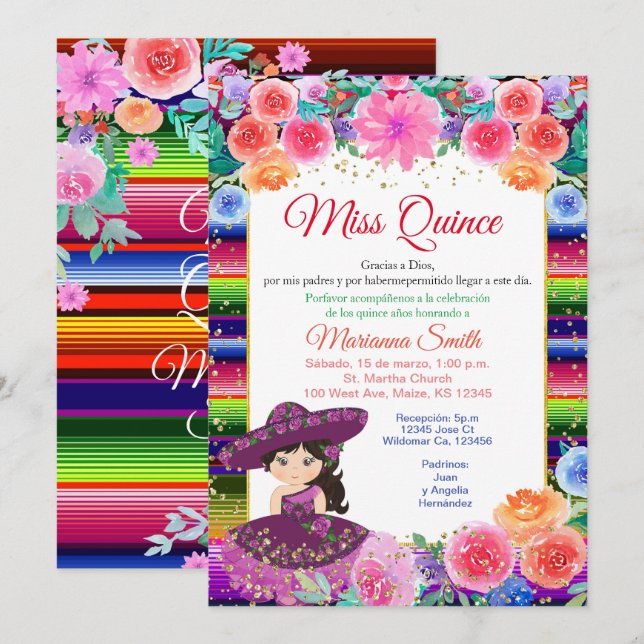 Invitación Quinceanera Púrpura Fiesta Flor Miss Quince (Anverso / Reverso)
