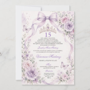 Invitación Quinceañera púrpura floral 15 años tiara princesa