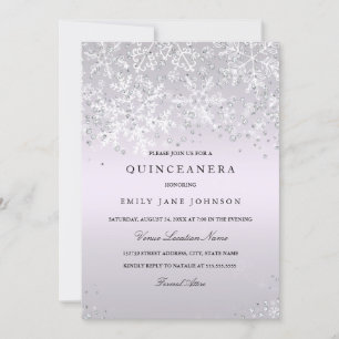 Invitación Quinceañera Púrpura Invierno Mágico Copos de Nieve
