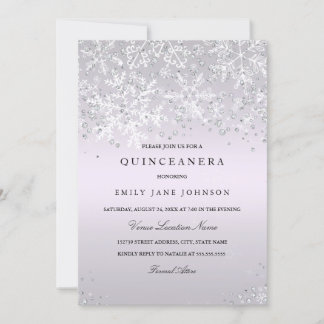 Invitación Quinceañera Púrpura Invierno Mágico Copos de Nieve