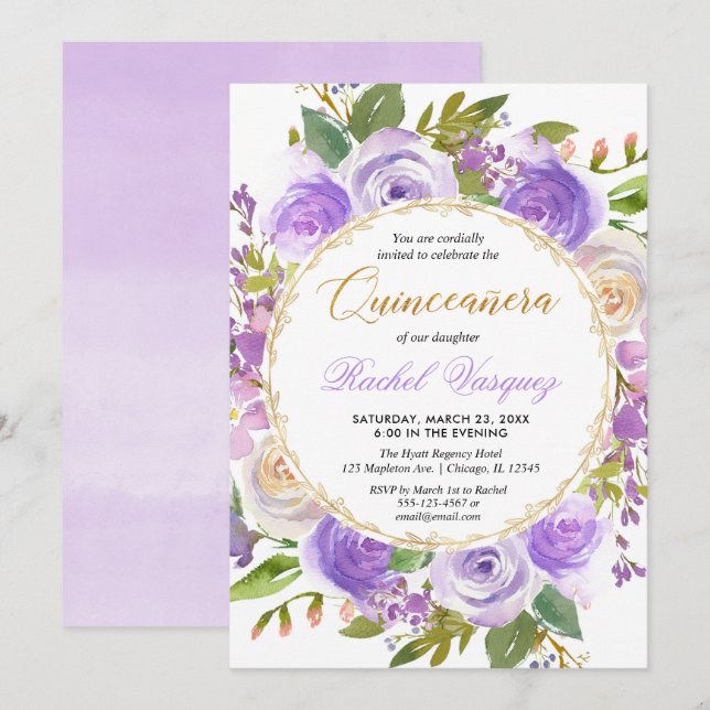 Invitación Quinceanera púrpura lavanda lila (Anverso / Reverso)