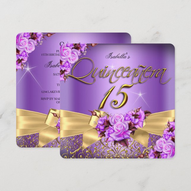 Invitación Quinceanera Púrpura Rosa Cumpleaños Dorada (Anverso / Reverso)