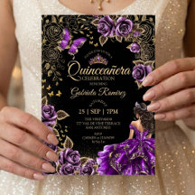 Quinceañera púrpura rosas doradas tiara mariposas