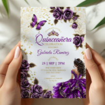 Quinceañera púrpura rosas doradas tiaras mariposas