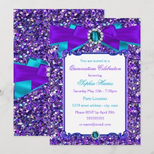 Invitación Quinceañera Purpura Turquesa Azul Brillo Joya Lazo