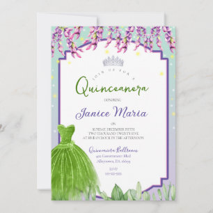 Invitación Quinceañera Púrpura Verde y Rosa