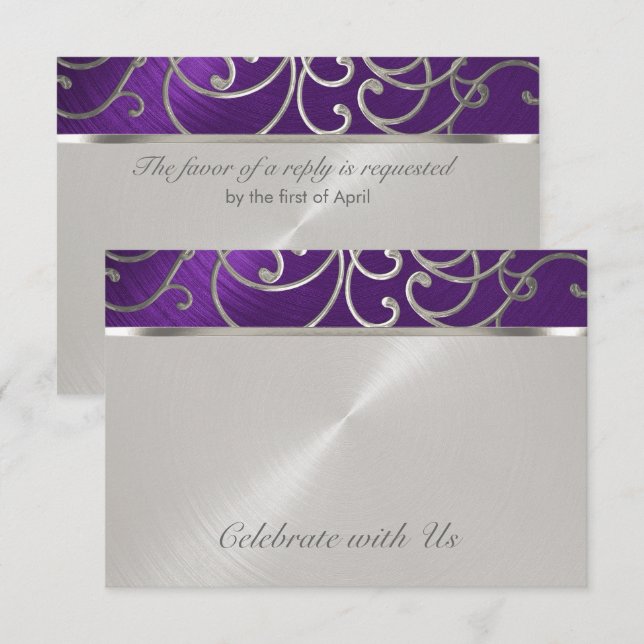 Invitación Quinceanera Púrpura y Plata Filigree Swirls (Anverso / Reverso)