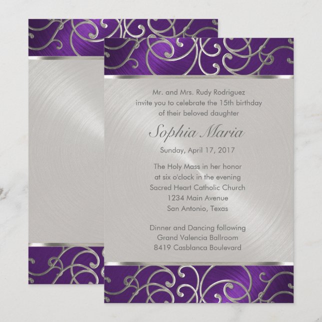 Invitación Quinceanera Púrpura y Plata Filigree Swirls (Anverso / Reverso)