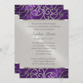 Invitación Quinceanera Púrpura y Plata Filigree Swirls