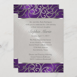Invitación Quinceanera Púrpura y Plata Filigree Swirls
