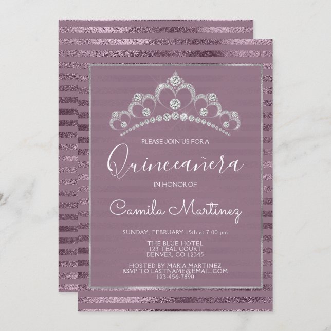 Invitación Quinceanera púrpura y Relieve metalizado plateado  (Anverso / Reverso)