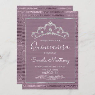 Invitación Quinceanera púrpura y Relieve metalizado plateado 