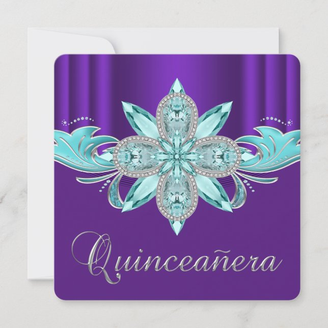 Invitación Quinceanera púrpura y Verde azulada (Anverso)