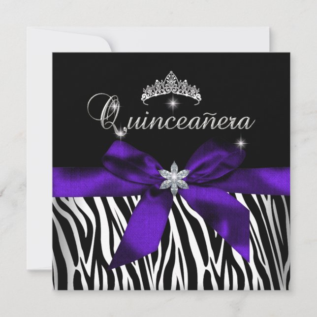 Invitación Quinceanera Púrpura Zebra Negro Diamantes Blancos (Anverso)