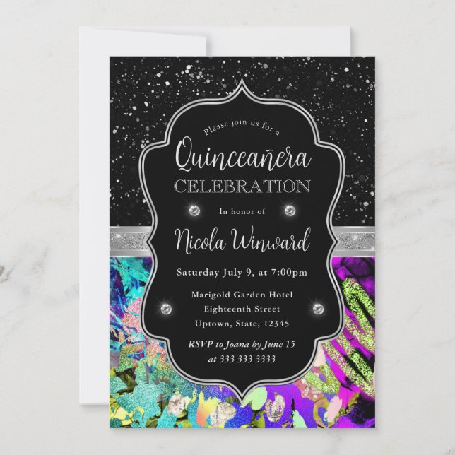 Invitación Quinceanera, Purpurina abstracto del Rainbow Neon (Anverso)