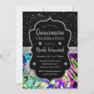 Invitación Quinceanera, Purpurina abstracto del Rainbow Neon