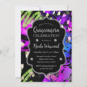 Invitación Quinceanera, Purpurina abstracto del Rainbow Neon