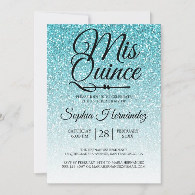 Invitación Quinceañera Purpurina Azul 15º cumpleaños (Anverso)