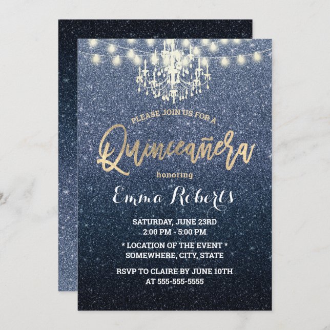 Invitación Quinceanera Purpurina azul de la marina moderna (Anverso / Reverso)