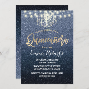 Invitación Quinceanera Purpurina azul de la marina moderna