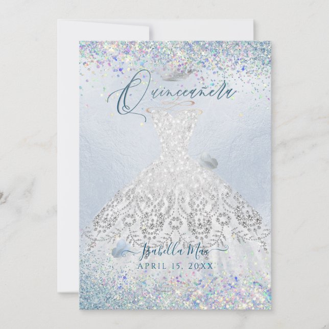 Invitación Quinceanera Purpurina azul turbio dorado blanco (Anverso)