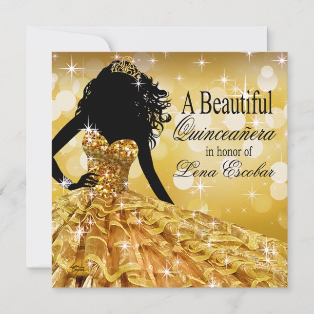 Invitación Quinceanera Purpurina Ball Gown | oro, dorado (Anverso)