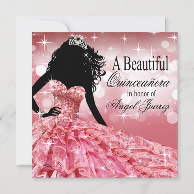 Invitación Quinceanera Purpurina Ball Gown | Rosa (Anverso)